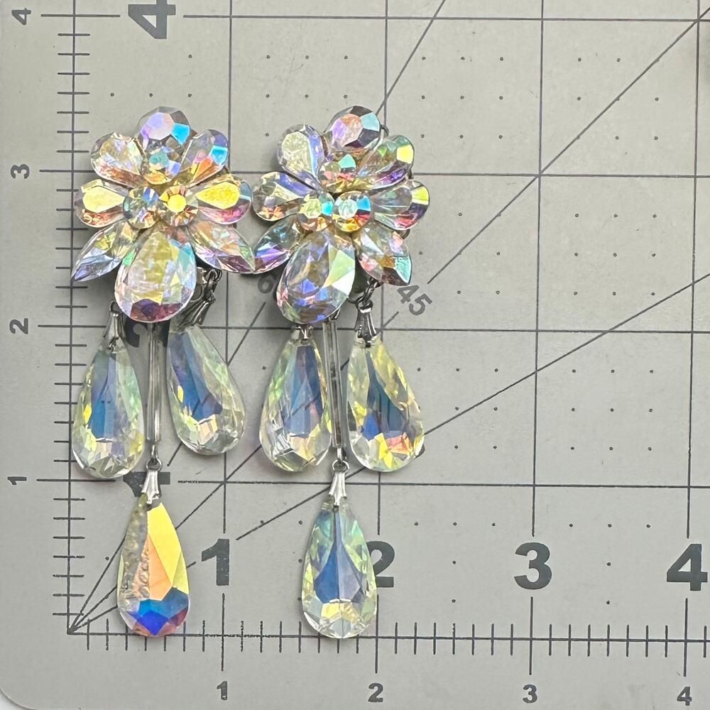 Eva K. silver tone AB aurora borealis glass rhinestones dangle clip on earrings - Picture 8 of 8